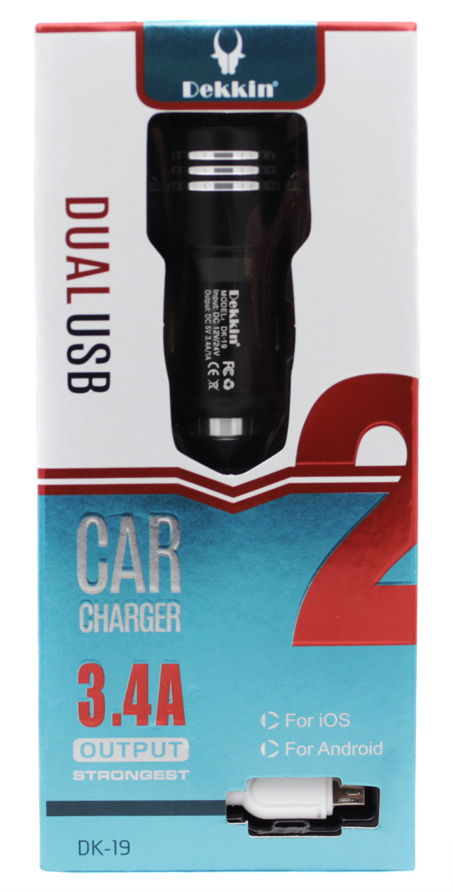 Автомобільний зарядний пристрій Dekkin DK-19 на 2 USB і MicroUSB шнуром DC5V-3.4 A