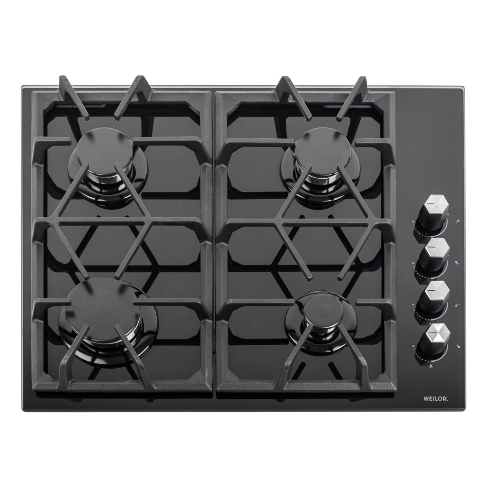 Газова варильна поверхня WEILOR GG 634 BL, чорна скляна на 4 конфорки, газ на склі, газ-контроль, фото 1