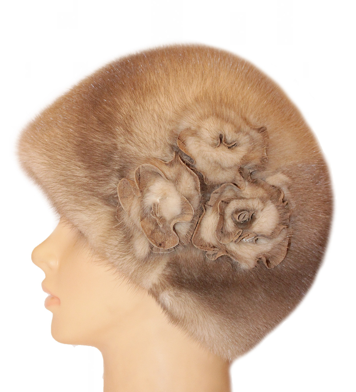 Жіноча хутрова шапка з норки, "Цукерочка 3 троянди" (колотий лід)