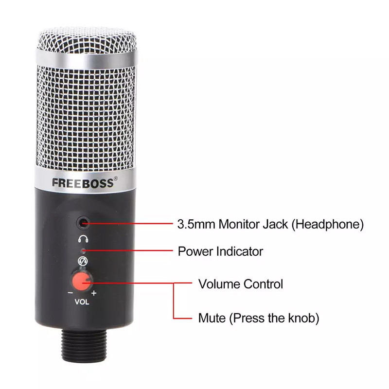 Микрофон USB для блогеров и диджеев FREEBOSS W03 цифровое качество, выход для наушников + тренога в подарок! - фото 2 - id-p1344488750