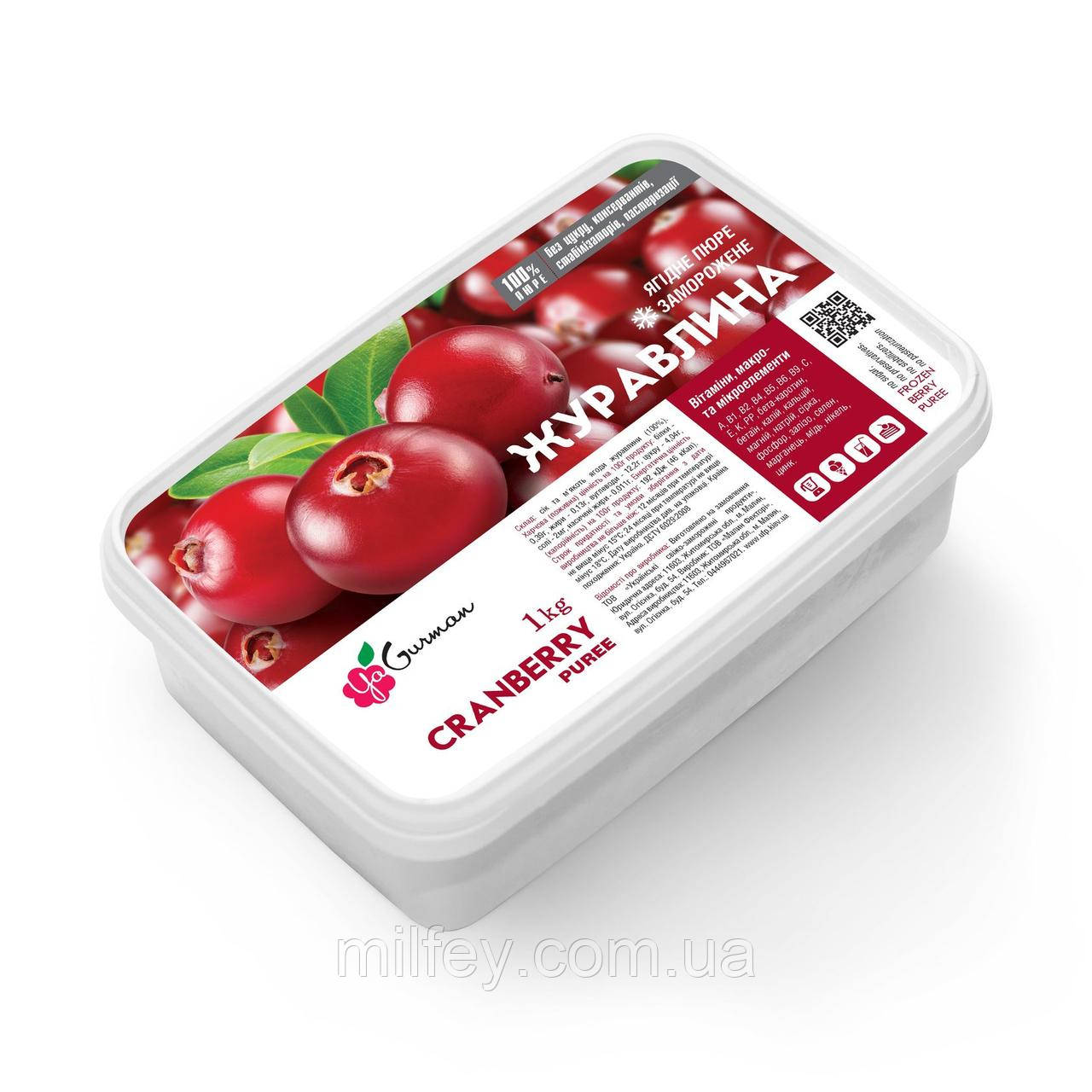 Пюре Журавлина, заморожене, YaGurman, 1 кг, фото 1