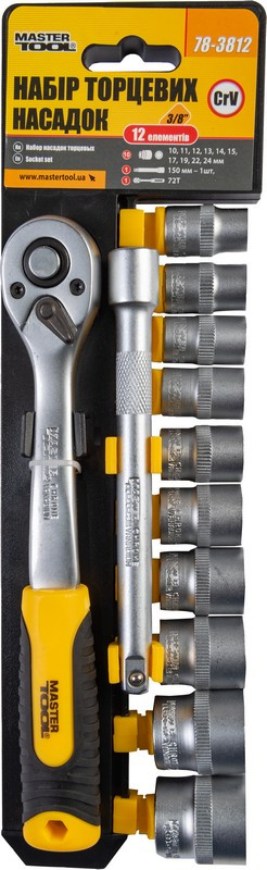 Набір насадок торцевих MASTERTOOL 78-3812, CrV 3/8" 10-24 мм, подовжувач 150 мм, тріскачка 72Т, 12 шт - фото 1 - id-p1494736122