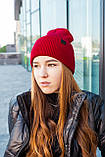 Шапка жіноча біні вовняна брендова з закотом двошарова SHILA середня посадка колір червоний, фото 3
