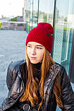 Шапка жіноча біні вовняна брендова з закотом двошарова SHILA середня посадка колір червоний, фото 4