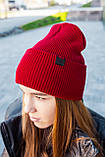 Шапка жіноча біні вовняна брендова з закотом двошарова SHILA середня посадка колір червоний, фото 5