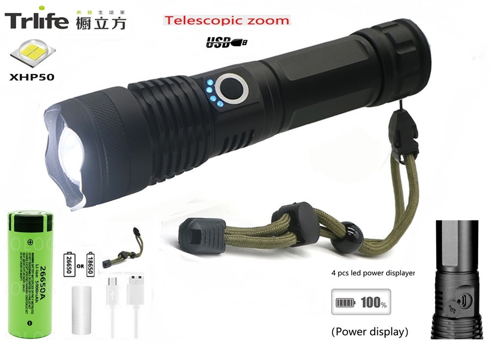 Ручний ліхтар із зумом TRLIFE XHP50 + USB TYPE-C + Акумулятор 26650 (як Police, Xanes, Bailong, XHP70)