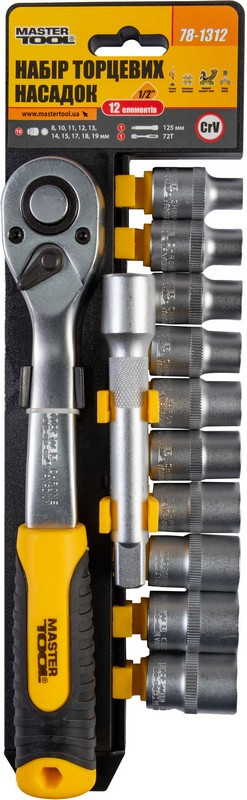 Набір насадок торцевих MASTERTOOL 78-1312, CRV 1/2" 8-19 мм, подовжувач 125 мм, тріскачка 72Т, 12 шт, фото 1