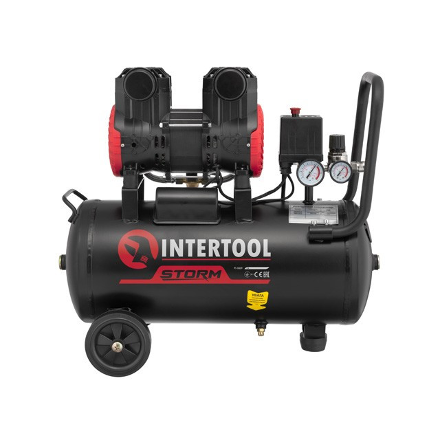 Компресор INTERTOOL PT-0029, 24 л, 1.1 кВт, 220В, 8атм, 200 л/хв, 2800 об/хв, безмасляний, 2 циліндра