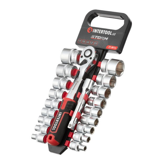 Набір головок INTERTOOL ET-8016, 1/2" 8-32 мм, рукоятка з храповим механізмом 72 зуба, 20ед., Cr-V STORM, фото 1