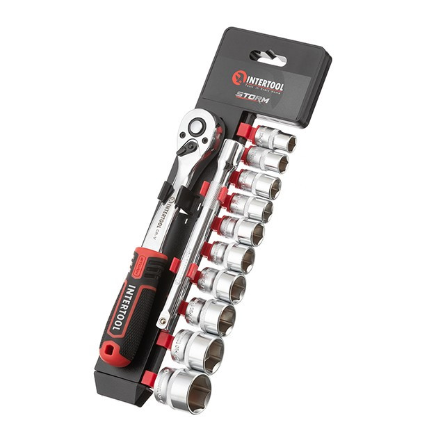 Набір головок INTERTOOL ET-8013, 3/8" 10-24 мм, рукоятка з храповим механізмом 72 зуба, 12ед., Cr-V STORM, фото 1