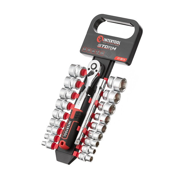 Набір головок INTERTOOL ET-8015, 3/8" 6-24 мм, рукоятка з храповим механізмом 72 зуба, 20ед., Cr-V STORM, фото 1