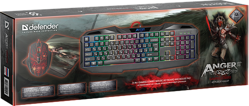 Игровой набор клавиатура, мышь и коврик Defender Anger MKP-019, комплект игровая клава и мышка с подсветкой, фото 3