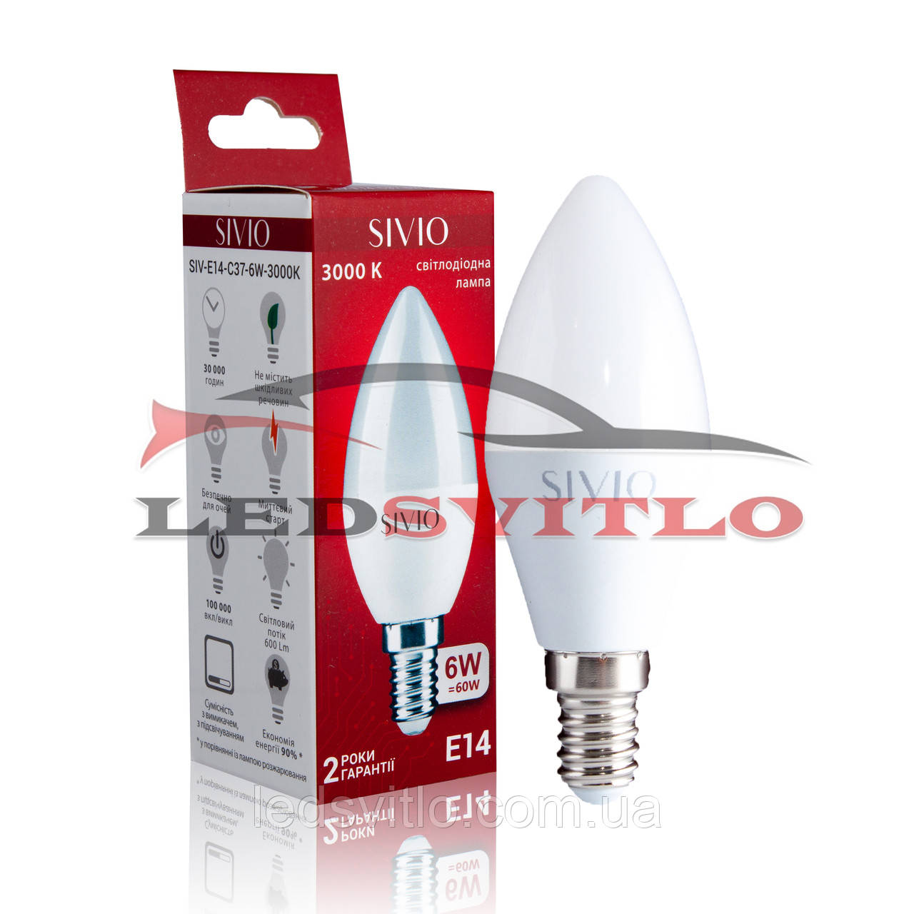 Світлодіодна LED лампа E14 6W 3000K Теплий білий SIVIO 220v C37 Свічка заміна лампи розжарювання 60W