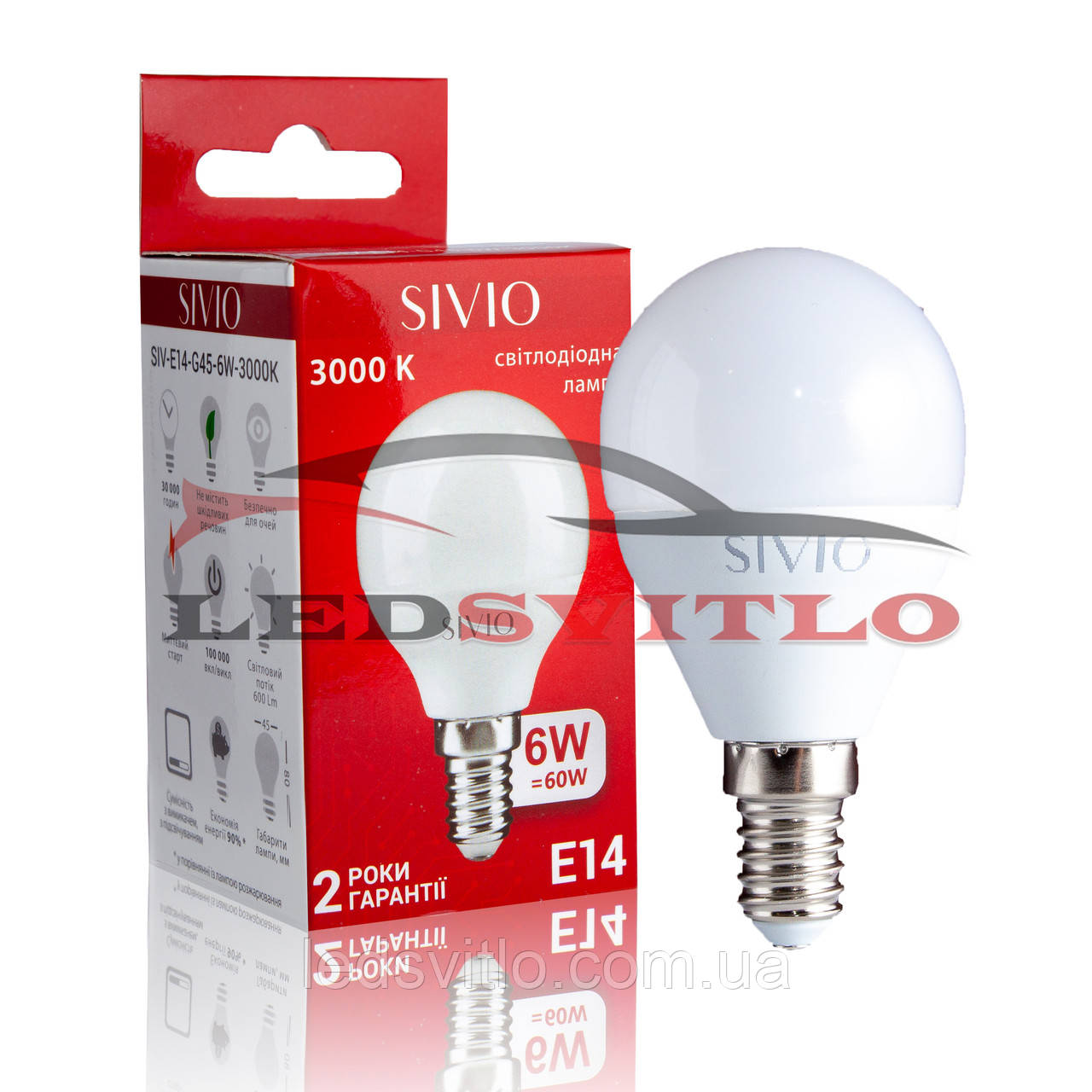 Світлодіодна LED лампа E14 6W 3000K Теплий білий SIVIO220v G45 Кулька, заміна лампи розжарювання 60W