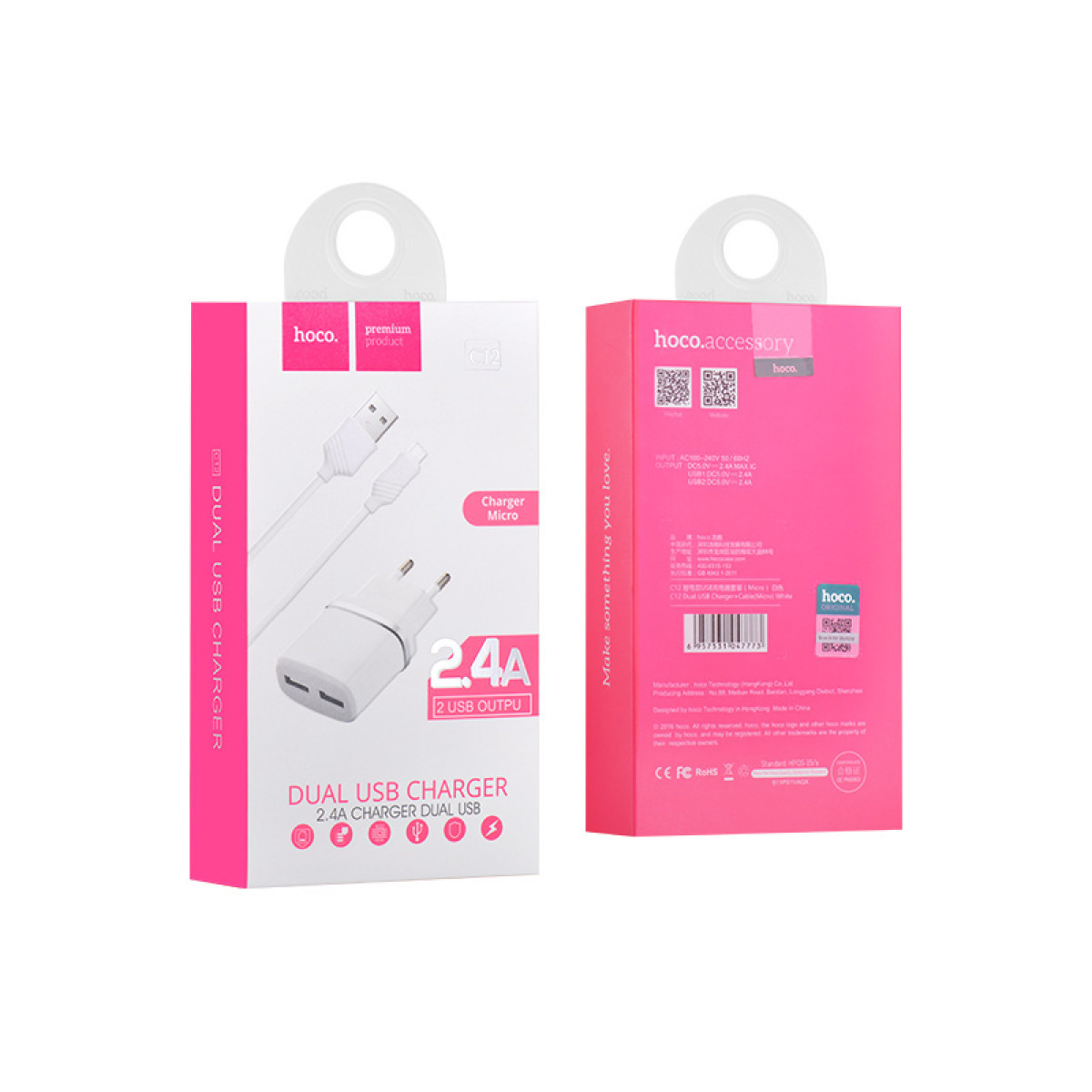 Мережевий зарядний пристрій Original Hoco C12 Micro 2USB 2.4A