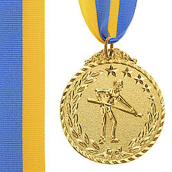 Медаль наградна для більярда Більярдист зі стрічкою (1 місце, золото) ø5см