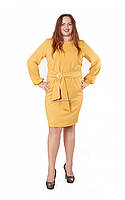 Платье женское желто-горчичного цвета по колено из трикотажа кукуруза с поясом батал
