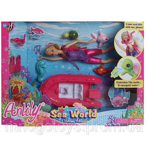 99041  Кукла  шарнирная, 28см, водолаз, лодка 20см, морские животные, в кор-ке, 46-33-7с