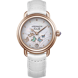 Годинники наручні жіночі Aerowatch 44960 RO05 кварцові з метеликами, на білому шкіряному ремінці
