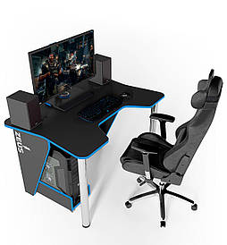 Ігровий стіл ZEUSTM IGROK-3L, чорний/синій з LED підсвічуванням