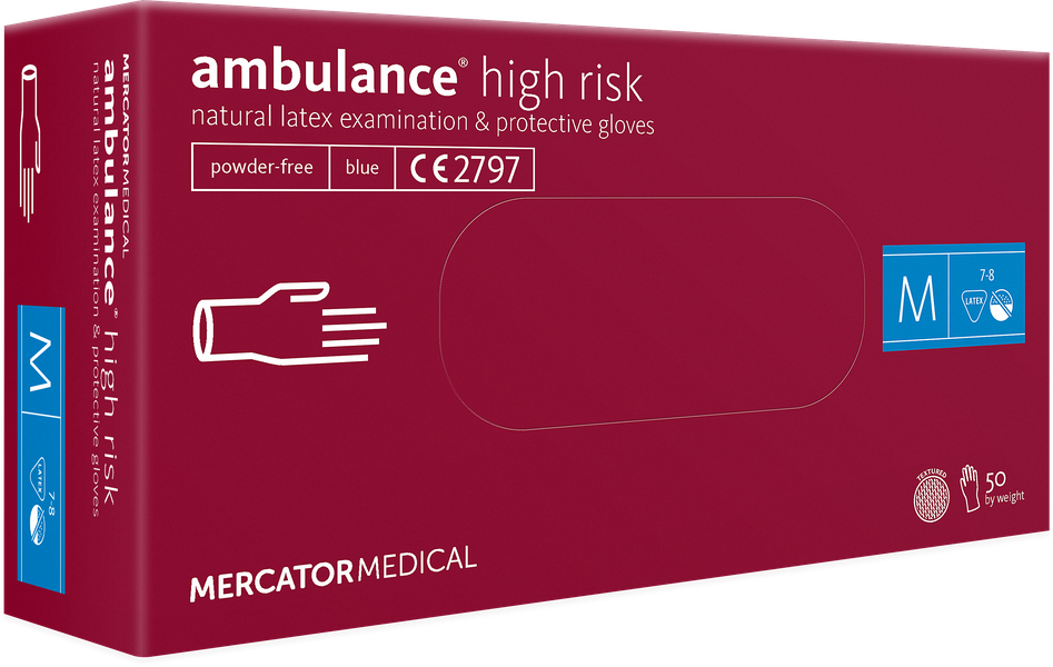 Рукавички подовжені щільні латексні Mercator ambulance high risk Неопудрені (50 шт./пач.) сині, фото 1