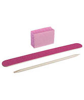 Набор одноразовый для маникюра, пилочка Kodi, баф, апельсиновая палочка, 120/120 грит, розовый