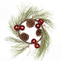 Венок рождественский с шишками и шарами, с инеем, 30 см, зеленый, красный (770120)
