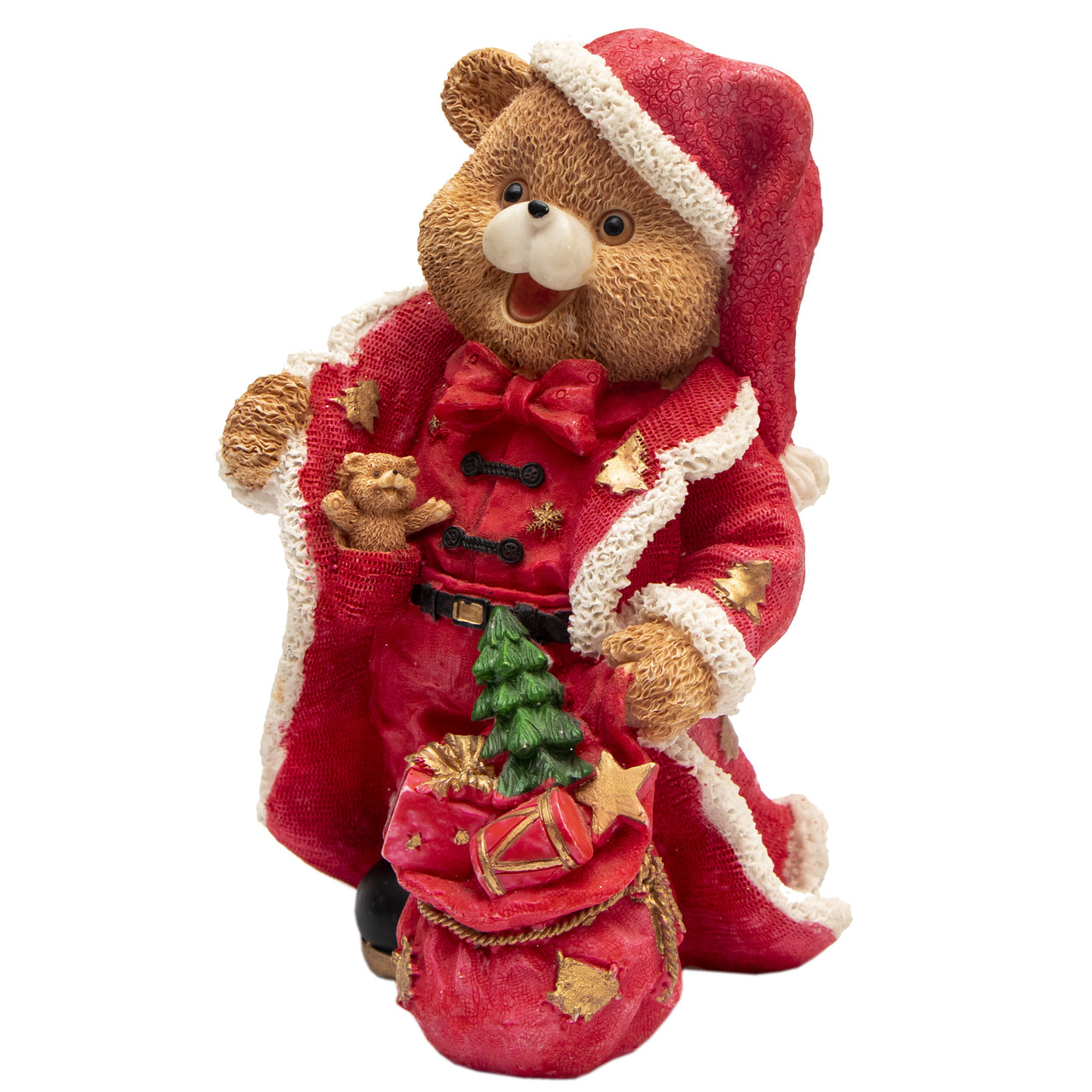 Декоративна новорічна фігурка Ведмідь з подарунками, 20 см, червоний з коричневим, полістоун (950712)