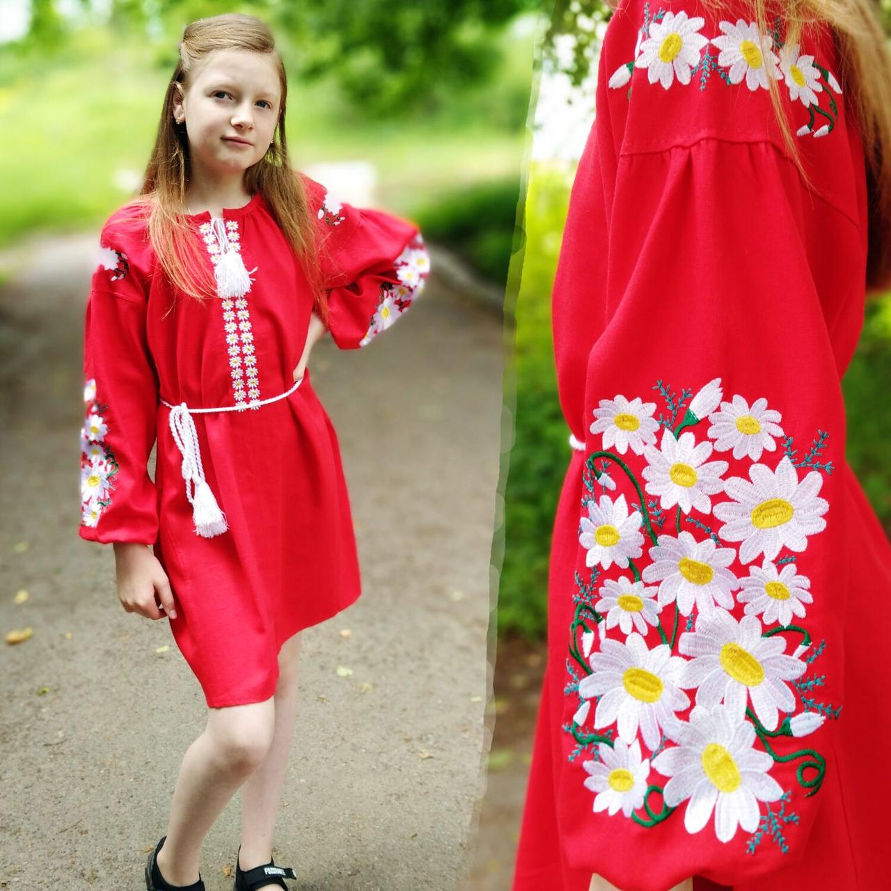 Дитяче вишите плаття "Сара" на червоному льоні, фото 1