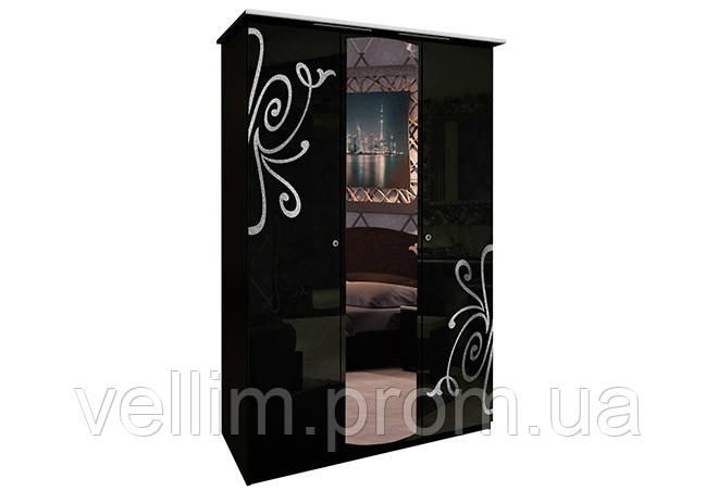 Шафа MiroMark Богема 3Д (з дзеркалом) 139х212,5х63 чорний глянець
