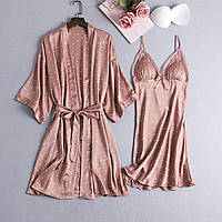 Комплект шелковый пеньюар и ночная рубашка розовый размер 44