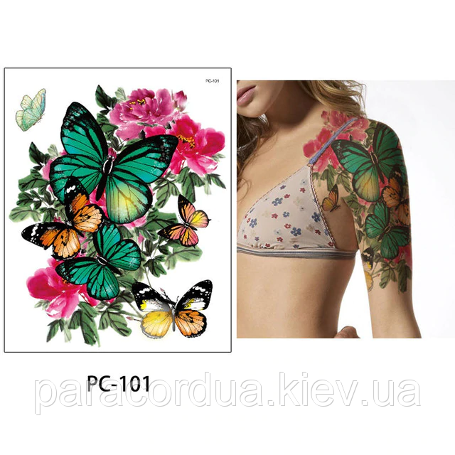 Флеш Тату, Великі Тимчасове Татуювання, Плечі, Круті Татуювання, Квіти Та Метелики, 32*24 См