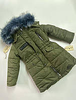 Удлиненная зимняя курточка на овчине Wellajur 104-140 рост 134-140, Оливковый