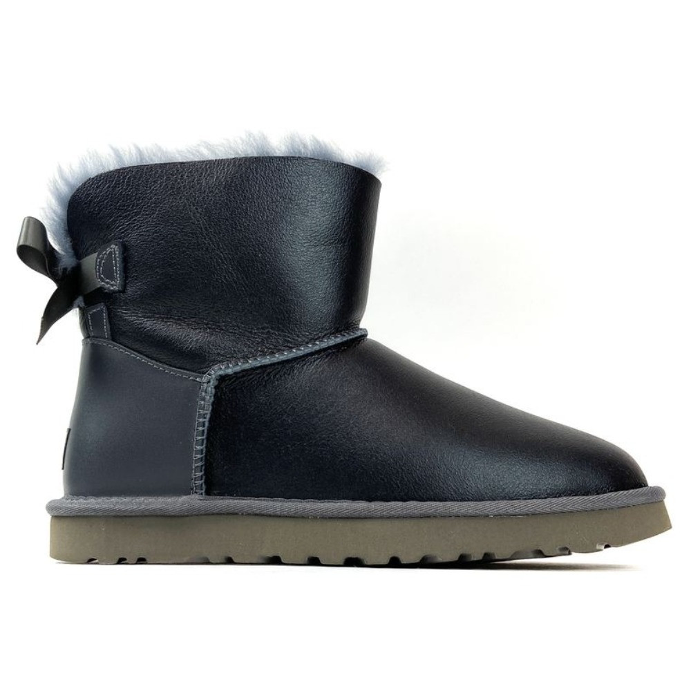 Жіночі зимові UGG Bailey Bow Mini Gray Leather, сірі шкіряні уггі бейлі боу міні жіночі черевики угі зимові, фото 1