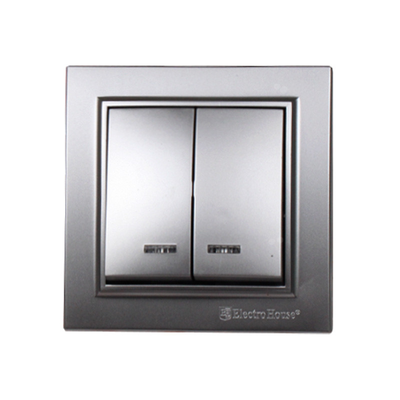 Вимикач з підсвічуванням подвійний Срібний камінь Enzo IP22 EH-2184-ST