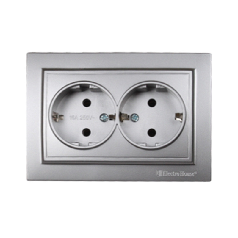 Розетка подвійна з заземленням Срібний камінь Enzo 16A IP22 EH-2111-ST