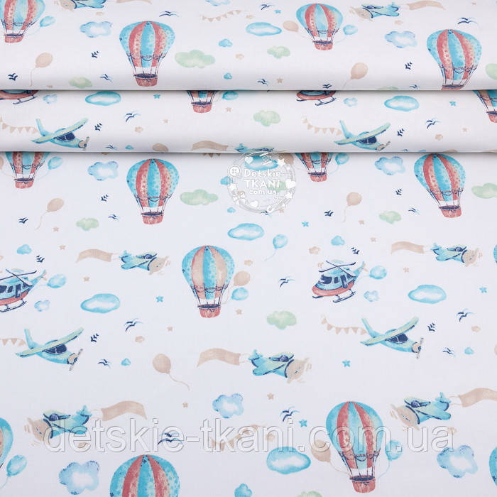 Ранфорс "Повітряні кулі та літаки" бежево-блакитні, ширина 240 см (№3256), фото 1
