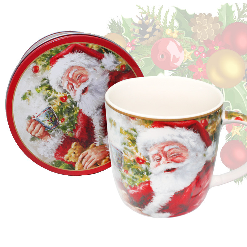 Кружка фарфорова з новорічним малюнком в металевій коробціSanta Claus, h-9 см, 375 мл (880-9043.2), фото 1