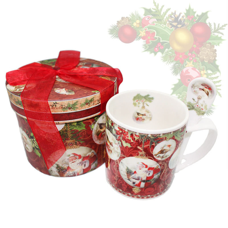 Кружка фарфорова з ложкою в подарунковій коробці з новорічним малюнком Christmas Time, 350 мл, фото 1