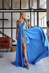 Довгий вечірній атласне плаття з розрізом і рукавами