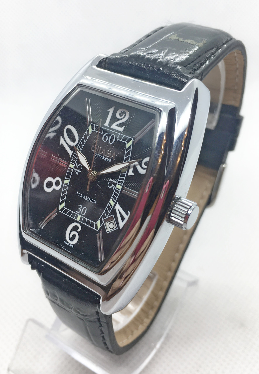 Механічний наручний годинник Слава, срібло з чорним циферблатом ( код: IBW587SB )