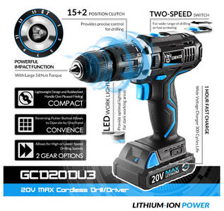 Дриль-Шуропокрут DEKO GCD20DU3 20V MAX (2 Батареї)