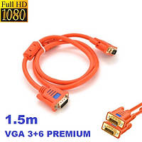 Кабель VGA 3+6 папа-папа LIJIA PREMIUM 1080Р Full HD 1,5м male to male 2 ферритовых фильтра ORANGE