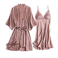 Комплект шелковый женский халат и ночная сорочка. Набор для сна в стиле Victoria's Secret, размер M (розовый)