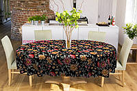 Скатерть овальная хлопок тефлоновая водоотталкивающая гидрофобная пропитка оранжевые бордовые цветы на черном