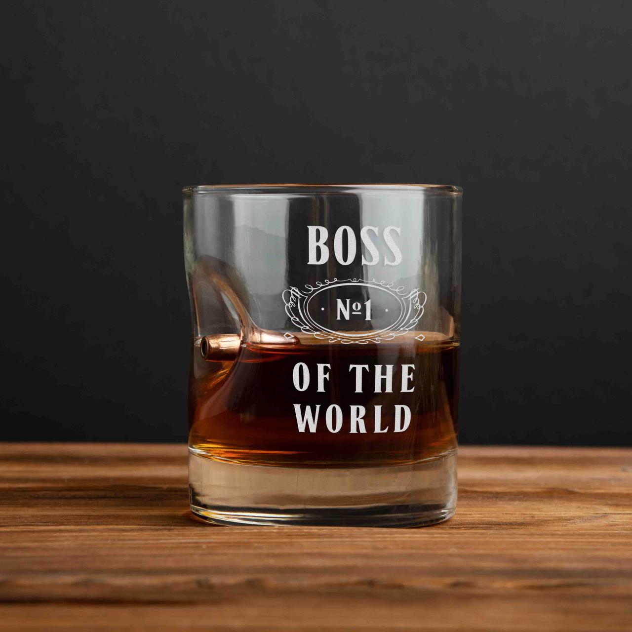 Стакан з кулею "Boss №1 of the world" для віскі | стакан для віскі з надписом