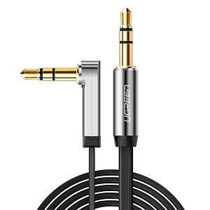 Аудіо кабель AUX 3.5 mm jack Ugreen з кутовим L-подібним штекером AV119 10598 (Чорний з сріблом, 1.5 м)