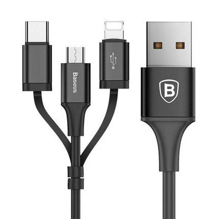 Кабель USB Baseus Excellent 3in1 MicroUSB + Lightning + Type-C 2А CA3IN1-ZY01 (Чорний, 1.2 м), фото 2