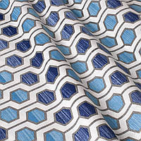 Ткань для штор, подушек геометрия шестиугольники синие на белом фоне