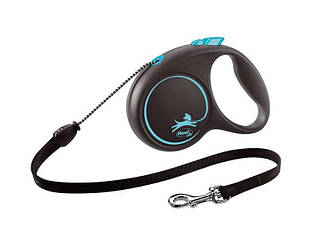 Повідець-рулетка для собак Середніх порід Flexi (Флексі) Black Design M Блакитний - Трос (5 м, до 20 кг)